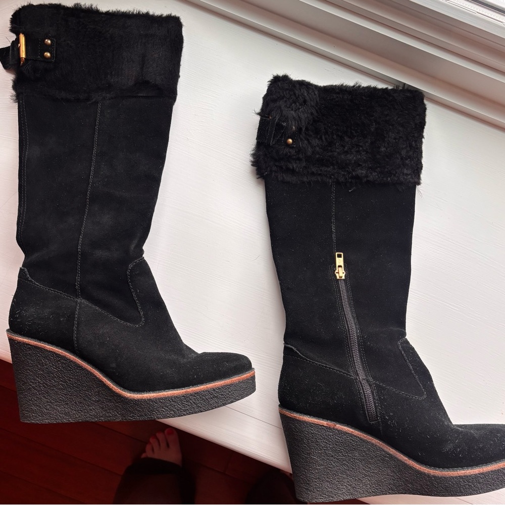 UGG Black Faux-Fur Cuff Wedge Boots